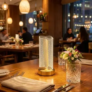Dalgalı Silindirik Kristal Çizgili Model Led Masa Lambası – Gold Tabanlı, Dokunmatik, 3 Renk Işık Modlu, Şarjlı Modern Dekoratif Gece Lambası Bx40