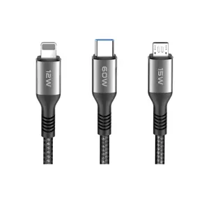 Dc62 3in1 Type-c To 60w Type-c / 12w Lightning / 15w Micro 1.2m Hızlı Şarj Kablo - Siyah