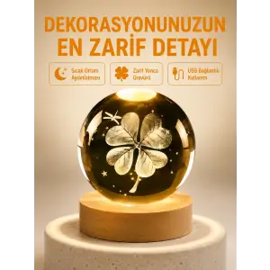 Dekoratif Yonca Görünümlü Işıklı Kristal Cam Küre USB Masa Gece Lambası