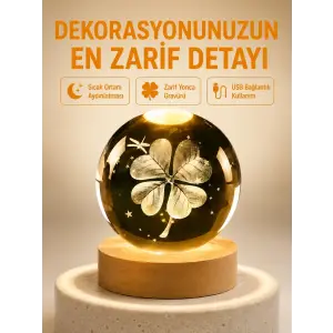Dekoratif Yonca Görünümlü Işıklı Kristal Cam Küre USB Masa Gece Lambası