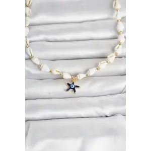 Doğal Deniz Kabuğu Dizili Mavi Yıldız Göz Model Kolye
