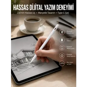 Dokunmatik Kalem Beyaz Şarjlı Yedek Uçlu Android ve İOS Uyumlu