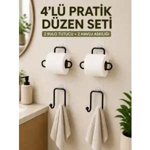Duvara Yapışkanlı Rulo Kağıtlık ve Havlu Askılığı 2’şer Adet 4’lü Set
