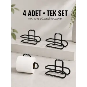 Duvara Yapışkanlı WC Kağıtlık Siyah Metal 4 Adet Tuvalet Kağıdı Rulo Askısı