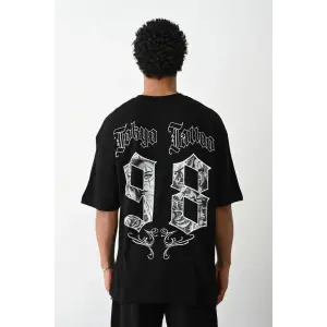 Erkek Kısa Kol Yazlık Tişört Bisiklet Yaka Baskılı Oversize T-Shirt - Siyah