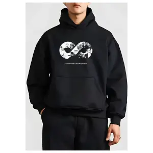 Erkek 10 Kasıma Özel 3 İplik Kapüşonlu Baskılı SweatShirt Hoodie - Siyah