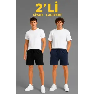 Erkek 2li 3 İplik Pamuklu Lastikli Bağcıklı Şort - Siyah & Lacivert