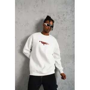 Erkek 3 İplik Pamuklu Bisiklet Yaka Gangster Baskılı Sweatshirt - Beyaz