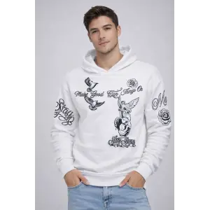 Erkek 3 İplik Pamuklu Kapüşonlu Baskılı SweatShirt hoodie - Beyaz