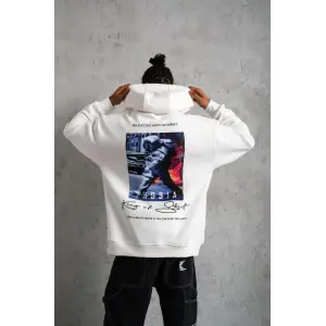 Erkek 3 İplik Pamuklu Kapüşonlu Baskılı Cepli Oversize Sweatshirt Hoodie - Beyaz