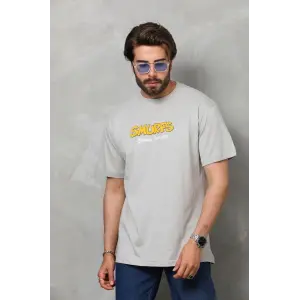 Erkek Kısa Kol Yazlık Tişört Bisiklet Yaka Baskılı Oversize T-Shirt - Gri