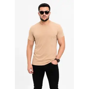Erkek Basic Tişört Bisiklet Yaka Kısa Kol Günlük Yazlık Slim fit T-Shirt - Bej