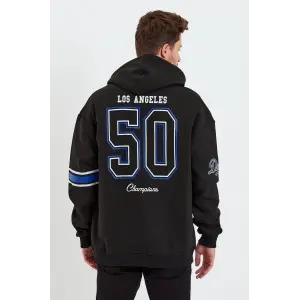 Erkek 3 İplik Pamuklu Kapüşonlu Baskılı Cepli Oversize Sweatshirt Hoodie - Siyah
