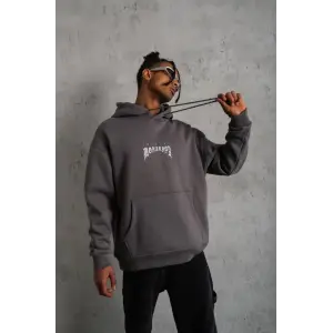 Erkek 3 İplik Pamuklu Kapüşonlu Baskılı Cepli Oversize Sweatshirt Hoodie - Gri