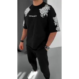 Erkek Kısa Kol Yazlık Tişört Bisiklet Yaka Baskılı Oversize T-Shirt - Siyah