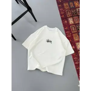 Erkek Kısa Kol Yazlık Tişört Bisiklet Yaka Baskılı Oversize T-Shirt - Beyaz