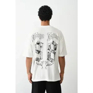 Erkek Kısa Kol Yazlık Tişört Bisiklet Yaka Baskılı Oversize T-Shirt - Beyaz