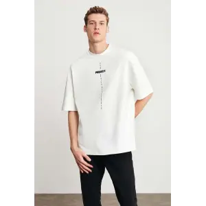 Erkek Baskılı T-Shirt Kısa Kol Bisiklet Yaka Regular Fit Rahat Kalıp Tişört - Beyaz