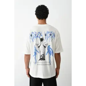 Erkek Kısa Kol Yazlık Tişört Bisiklet Yaka Baskılı Oversize T-Shirt -  Beyaz