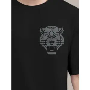 Erkek Kısa Kol Yazlık Tişört Bisiklet Yaka ASLAN Baskılı T-Shirt - Siyah