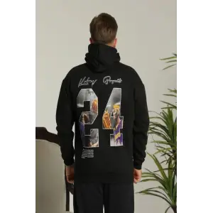 Erkek 3 İplik Pamuklu Kapüşonlu Baskılı Cepli Oversize Sweatshirt Hoodie - Siyah