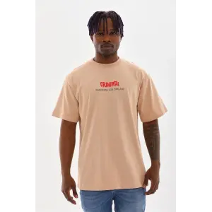 Erkek Baskılı T-Shirt Kısa Kol Bisiklet Yaka Rahat Kalıp Tişört  - Bej