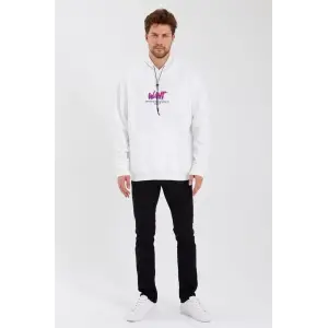 Erkek 3 İplik Pamuklu Kapüşonlu Baskılı Cepli Oversize Sweatshirt Hoodie - Beyaz
