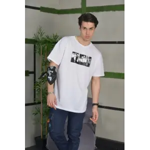 Erkek Kısa Kol Yazlık Tişört Bisiklet Yaka Baskılı Oversize T-Shirt - Beyaz