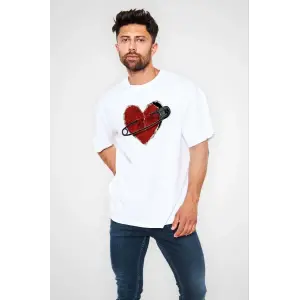 Erkek Kısa Kol Tişört Bisiklet Yaka KALP Baskılı Oversize T-Shirt - Beyaz