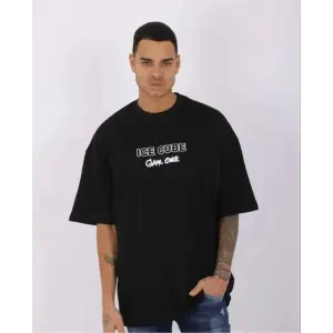 Erkek Kısa Kol Yazlık Tişört Bisiklet Yaka Baskılı Oversize T-Shirt - Siyah