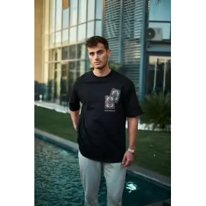 Erkek Kısa Kol Yazlık Tişört Bisiklet Yaka Baskılı Oversize T-Shirt - Siyah