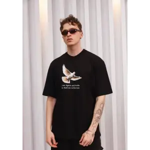Erkek Kısa Kol Yazlık Tişört Bisiklet Yaka Baskılı Oversize T-Shirt - Siyah