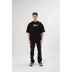 Erkek Kısa Kol Yazlık Tişört Bisiklet Yaka Baskılı Oversize T-Shirt -  Siyah