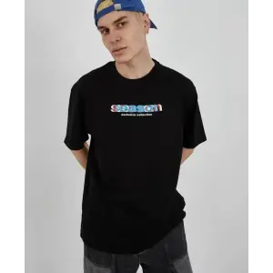 Erkek Kısa Kol Yazlık Tişört Bisiklet Yaka Baskılı Oversize T-Shirt - Siyah