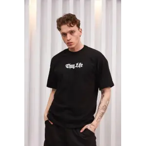 Erkek Bisiklet Yaka Baskılı  Kısa kol Oversize T-Shirt - Siyah