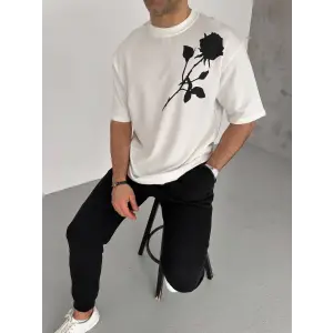 Erkek Kısa Kol Tişört Bisiklet Yaka GÜL Baskılı Oversize T-Shirt - Beyaz
