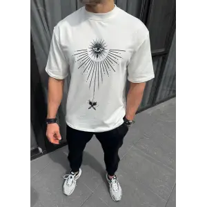 Erkek Kısa Kol Tişört Bisiklet Yaka GÜL Baskılı Oversize T-Shirt - Beyaz