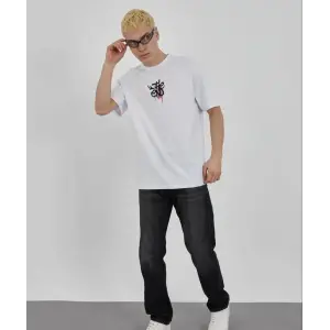 Erkek Kısa Kol Yazlık Tişört Bisiklet Yaka Baskılı Oversize T-Shirt - Beyaz
