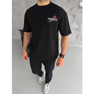 Erkek Kısa Kol Yazlık Tişört Bisiklet Yaka Baskılı Oversize T-Shirt - Siyah