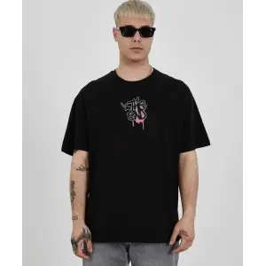Erkek Kısa Kol Yazlık Tişört Bisiklet Yaka Baskılı Oversize T-Shirt -  Siyah