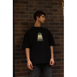 Erkek Kısa Kol Yazlık Tişört Bisiklet Yaka Baskılı Oversize T-Shirt - Siyah