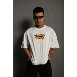 Erkek Bisiklet Yaka Baskılı Oversize Kısa kol T-Shirt - Beyaz