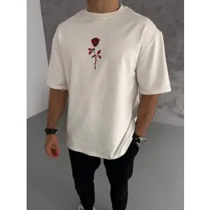 Erkek Kısa Kol Tişört Bisiklet Yaka GÜL Baskılı Oversize T-Shirt - Beyaz