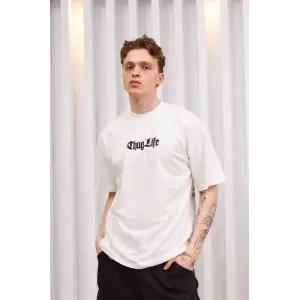 Erkek Kısa Kol Yazlık Tişört Bisiklet Yaka Baskılı Oversize T-Shirt - Beyaz