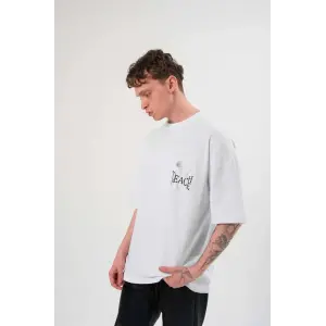 Erkek Kısa Kol Yazlık Tişört Bisiklet Yaka Baskılı Oversize T-Shirt - Beyaz