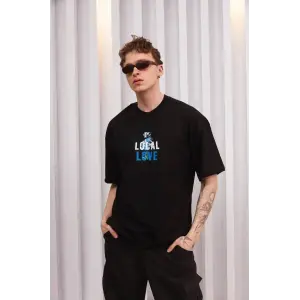 ERKEK Bisiklet Yaka Baskılı Oversize Kısa kol T-Shirt - Siyah