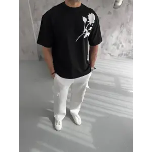 Erkek Kısa Kol Tişört Bisiklet Yaka GÜL Baskılı Oversize T-Shirt - Siyah