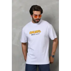 Erkek Kısa Kol Yazlık Tişört Bisiklet Yaka Baskılı Oversize T-Shirt - Beyaz