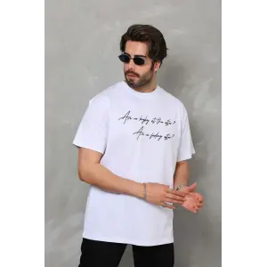 Erkek Kısa Kol Yazlık Tişört Bisiklet Yaka Baskılı Oversize T-Shirt - Beyaz