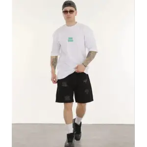 Erkek Kısa Kol Yazlık Tişört Bisiklet Yaka Baskılı Oversize T-Shirt - Beyaz